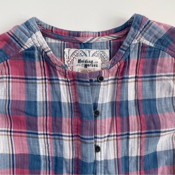 Anthropologie Holding Horses Pink Blue Plaid HalfPenny Tunic Popover Top Size 4 - Picture 3 of 9